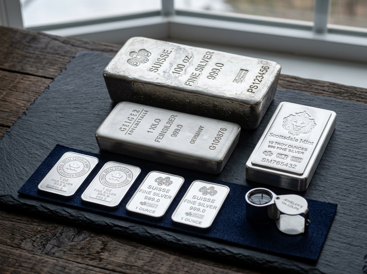 100 oz poured silver bar, 1 kilo bar, 10 oz Scottsdale bar, and 1 oz minted bars on jeweler desk in Manhattan