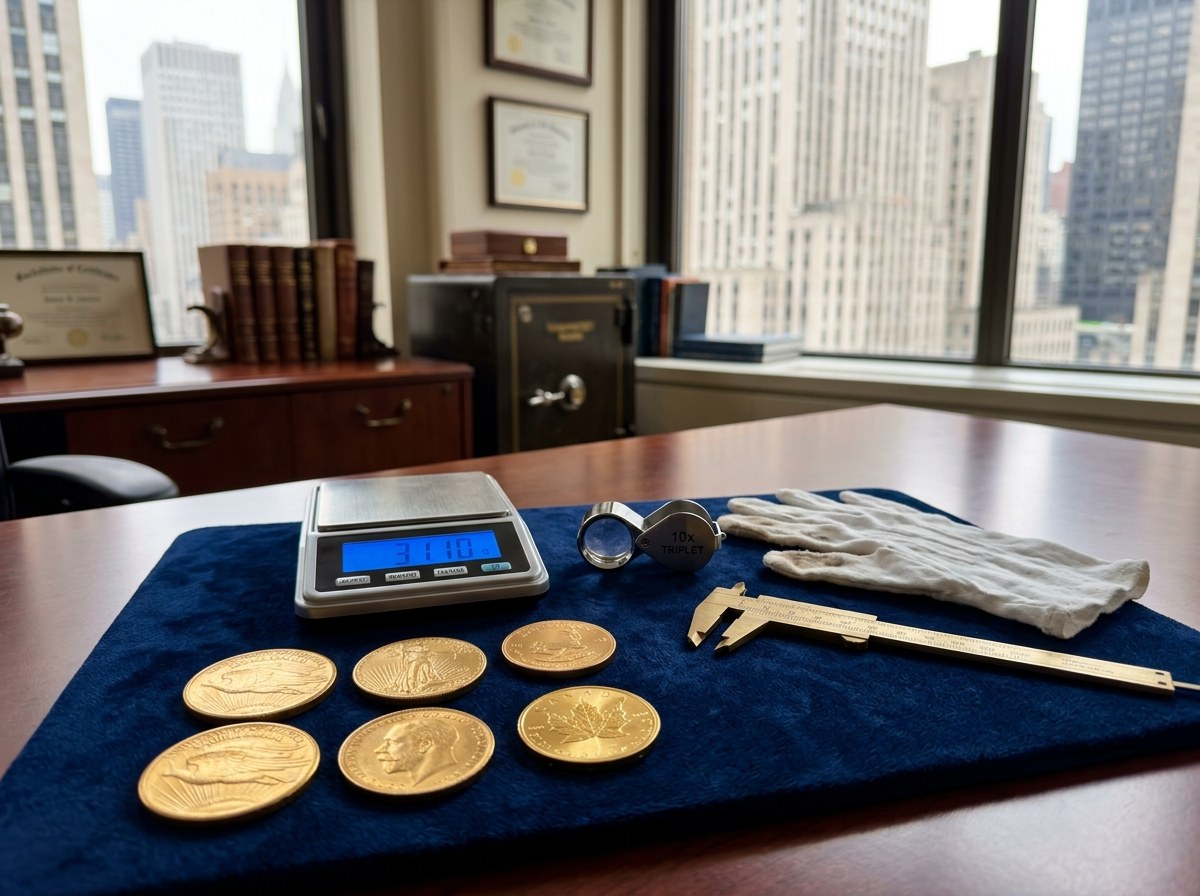 Gold coins prepared for category evaluation on appraisal mat in New York City