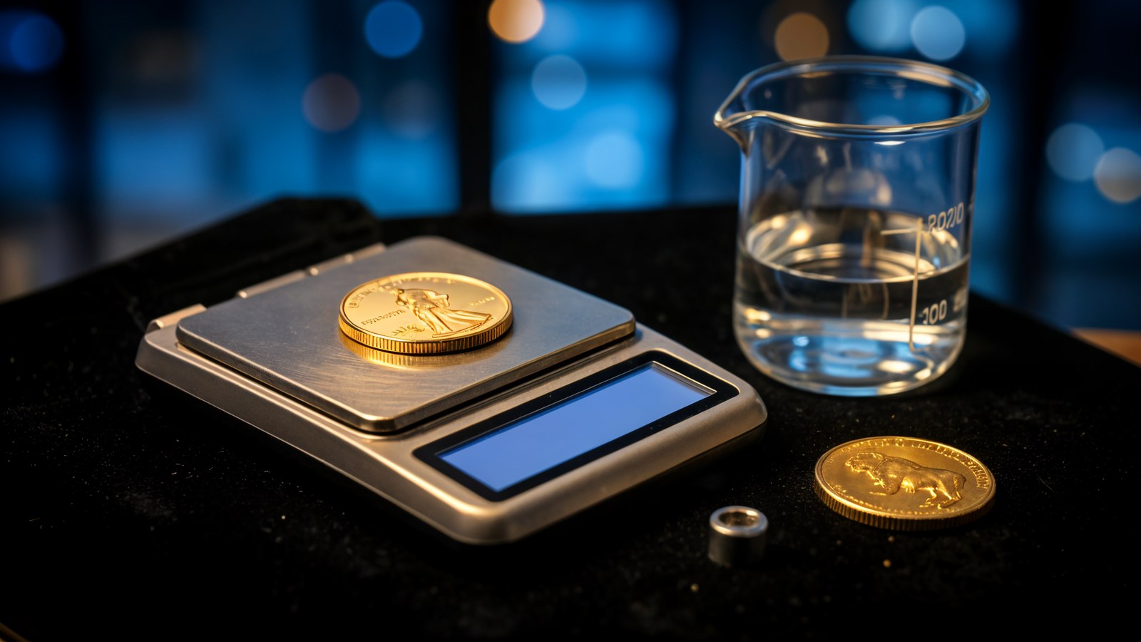 Fine gold coin weight and purity inspection on precision scale