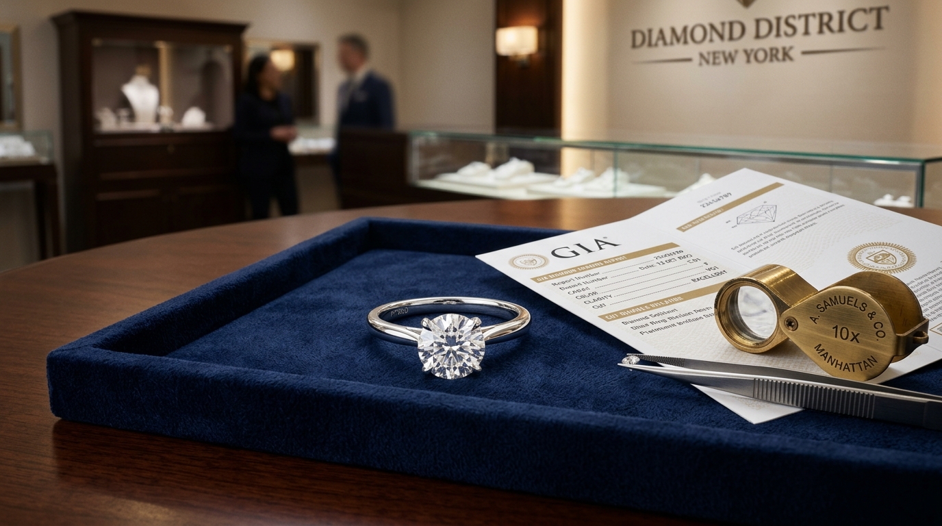 Diamond engagement ring prepared for evaluation in Manhattan
