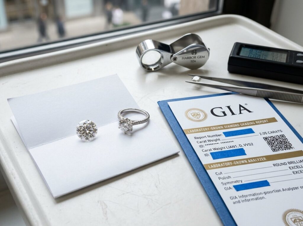 Loose laboratory-grown round brilliant diamond and mounted engagement ring beside a GIA laboratory-grown diamond assessment report folder with masked numbers at Manhattan Diamond District