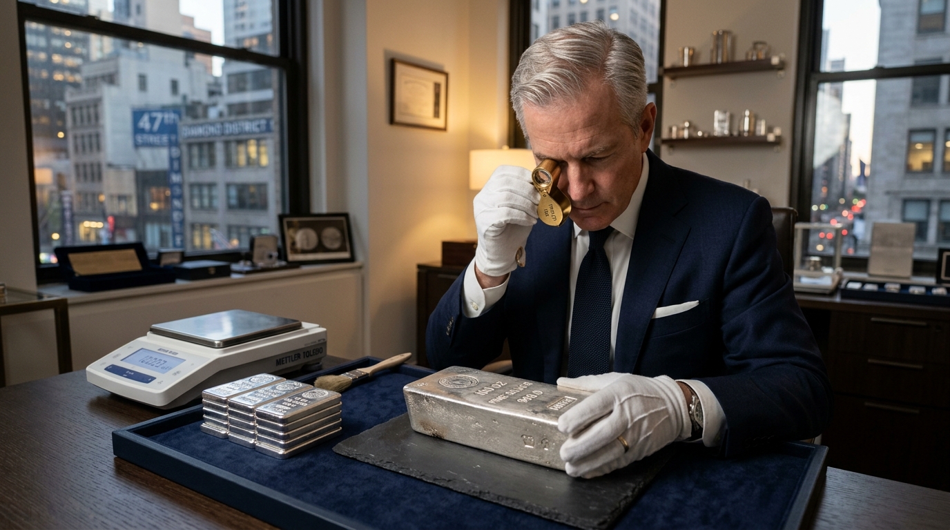 Precious metals expert evaluating 100 oz poured silver bullion bar and 10 oz minted silver bars with loupe and precision scale in Manhattan office