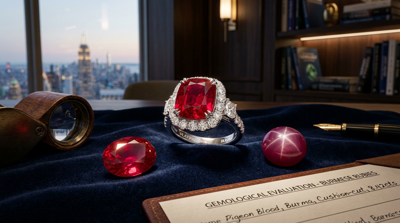 Sell Rubies in NYC - Fine Cushion Cut Pigeon Blood Ruby Ring in Platinum, Loose Burma Ruby and Star Ruby